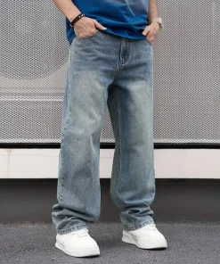 Men'S Casual Straight Wash Jeans - Light Blue, Loose Fit, Oblique Pocket, Comfortable Blend, Suitable For Casual Wear - Image 5