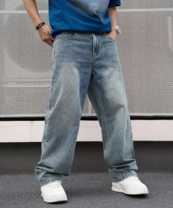 Men'S Casual Straight Wash Jeans - Light Blue, Loose Fit, Oblique Pocket, Comfortable Blend, Suitable For Casual Wear - Image 3