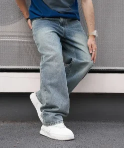Men'S Casual Straight Wash Jeans - Light Blue, Loose Fit, Oblique Pocket, Comfortable Blend, Suitable For Casual Wear - Image 4