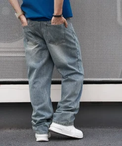 Alternative view of Men'S Casual Straight Wash Jeans - Light Blue, Loose Fit, Oblique Pocket, Comfortable Blend, Suitable For Casual Wear