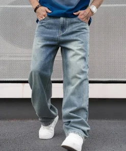 Men'S Casual Straight Wash Jeans - Light Blue, Loose Fit, Oblique Pocket, Comfortable Blend, Suitable For Casual Wear