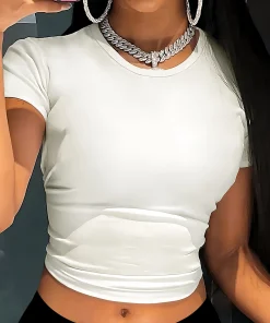 Alternative view of Solid Color Round Neck Short Sleeved T-Shirt Comfortable Elasticity Exposed Navel All Season Women'S Clothing Aesthetic Clothes
