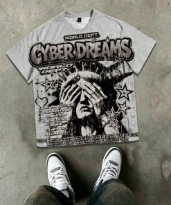 American Men's Summer Gothic Statue of Liberty Letter Print Soft and Breathable Round Neck Tshirt Outdoor Street Top - Image 3
