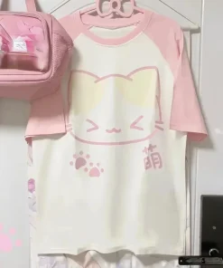 Aesthetics Japanese Grunge T-shirt Y2k Harajuku Anime Cartoon Cat Tops Tees Short Sleeve Women Kawaii Clothing Streetwear