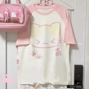 Aesthetics Japanese Grunge T-shirt Y2k Harajuku Anime Cartoon Cat Tops Tees Short Sleeve Women Kawaii Clothing Streetwear