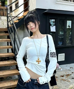 Tonngirls American Retro Print T-shirt Women Long Sleece Button Graphic Tops Y2k Tops 2000s Japanese Grunge Tops E-girls Autumn - Image 3