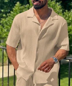 New Men's Commuter Set, Casual Button-Up Short Sleeve Shirt & Long Pants, Trendy Two-Piece Outfit for Men - Image 4