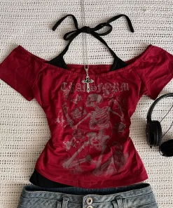 Millennium 2000s Y2k crop aesthetic sweet and sexy vest women's sleeveless casual anime printed vest Harajuku red full outfit Em