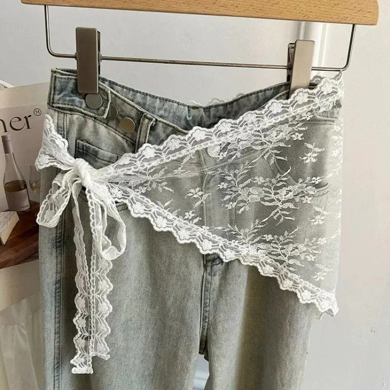 Korean Fashion Lace Irregular Skirt Curtain White Flowers Lace Mesh Halfbody Skirt Women Summer Bottoms Jeans Decorative Hemline - Image 5