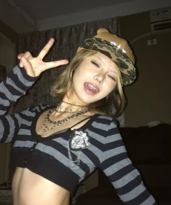 Alternative view of Karrram Trashy Y2k Crop Top Japanese 2000s Style Striped Long Sleeved T-shirt Vintage Harajuku High Street Tops American Retro