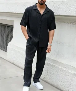 New Men's Commuter Set, Casual Button-Up Short Sleeve Shirt & Long Pants, Trendy Two-Piece Outfit for Men - Image 3