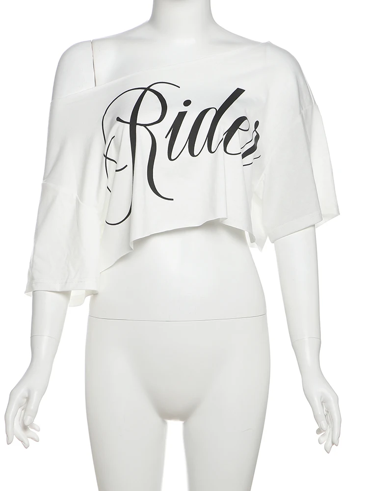 Nibber Loose Letter Print Mini t-Shirt Women Summer Trend Biased Collar Versatile Street Skinny Simple Classic Party Daily Tops - Image 6