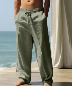 Summer New Linen Elastic Drawstring Wide-Leg Pants for Men - Beach Vacation Drapey Breathable Cotton Linen Straight Leisure Long - Image 6