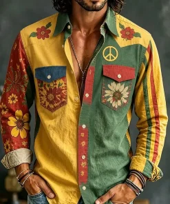 New yellow green contrasting flower and peace symbol printed shirt, retro bohemian style men's long sleeved shirt - Image 3