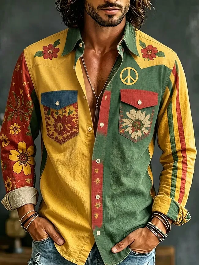 New yellow green contrasting flower and peace symbol printed shirt, retro bohemian style men's long sleeved shirt - Image 3