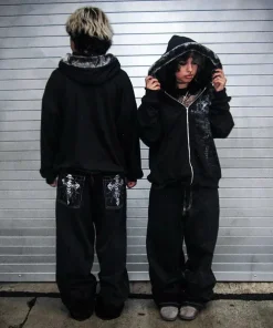 New Y2K Streetwear Jeans American Street Clothes Mens Womens Harajuku Skull Straight Wide-leg Pants Hip-hop Casual Hoodie Top