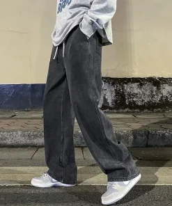 Alternative view of Fashion Men's Solid Color Drape Jeans Loose Straight Korean Vintage High Street Hip-hop Y2K Casual Daily Dragging Wide-leg Pants