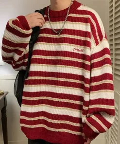 Alternative view of Korean Style Retro Striped Sweater Men Women Loose Fit Knit Pullover Casual Vintage Crew Neck Warm Autumn Winter Top