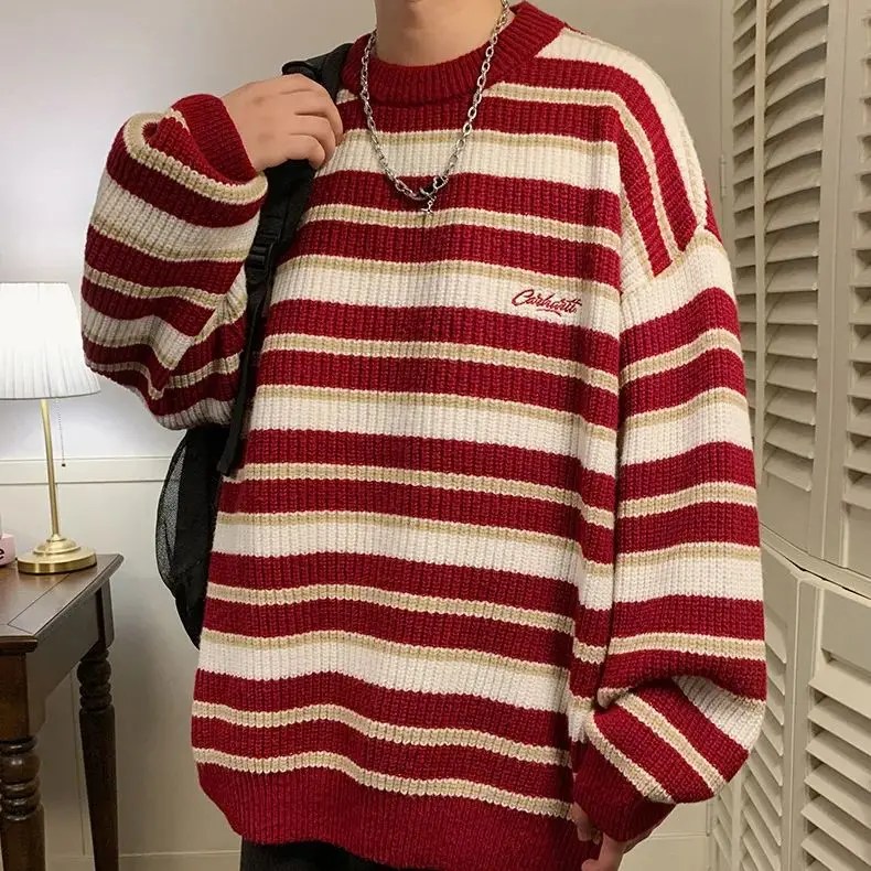 Korean Style Retro Striped Sweater Men Women Loose Fit Knit Pullover Casual Vintage Crew Neck Warm Autumn Winter Top - Image 2