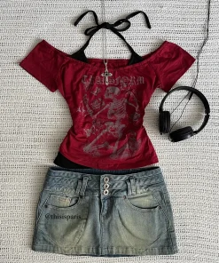 Millennium 2000s Y2k crop aesthetic sweet and sexy vest women's sleeveless casual anime printed vest Harajuku red full outfit Em - Image 3