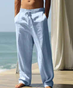 Summer New Linen Elastic Drawstring Wide-Leg Pants for Men - Beach Vacation Drapey Breathable Cotton Linen Straight Leisure Long - Image 5