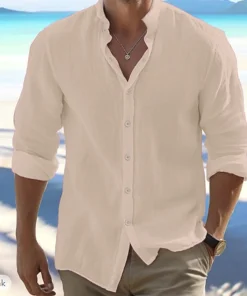 Cotton Linen Hot Sale Men's Long-Sleeved Shirts Summer Solid Color Stand-Up Collar Casual Beach Style Plus Size