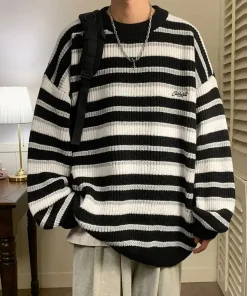 Korean Style Retro Striped Sweater Men Women Loose Fit Knit Pullover Casual Vintage Crew Neck Warm Autumn Winter Top - Image 5