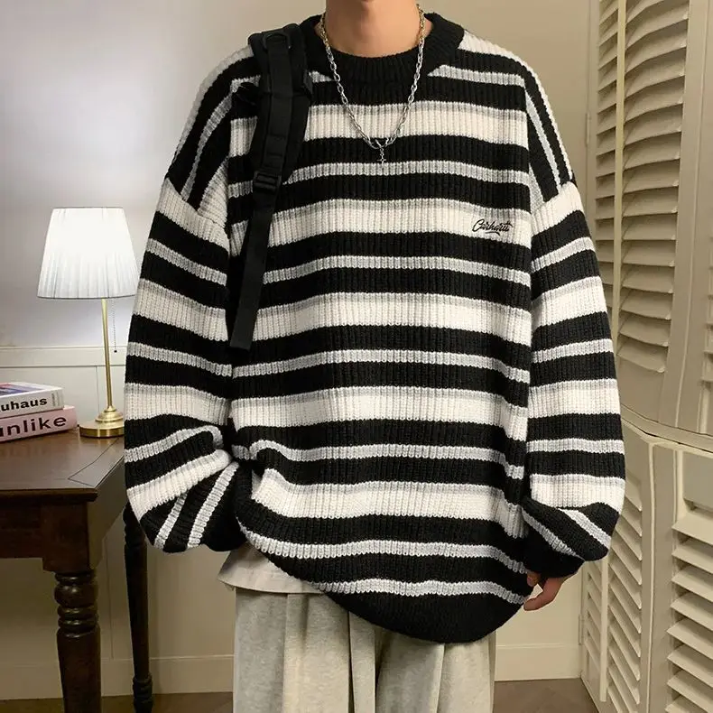 Korean Style Retro Striped Sweater Men Women Loose Fit Knit Pullover Casual Vintage Crew Neck Warm Autumn Winter Top - Image 5