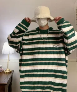 Korean Style Retro Striped Sweater Men Women Loose Fit Knit Pullover Casual Vintage Crew Neck Warm Autumn Winter Top - Image 4