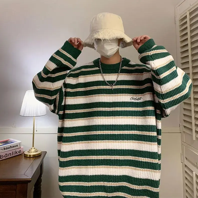 Korean Style Retro Striped Sweater Men Women Loose Fit Knit Pullover Casual Vintage Crew Neck Warm Autumn Winter Top - Image 4