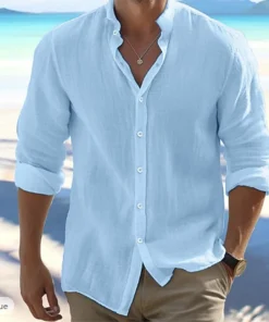 Cotton Linen Hot Sale Men's Long-Sleeved Shirts Summer Solid Color Stand-Up Collar Casual Beach Style Plus Size - Image 5