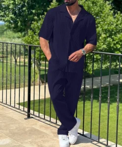 New Men's Commuter Set, Casual Button-Up Short Sleeve Shirt & Long Pants, Trendy Two-Piece Outfit for Men - Image 5