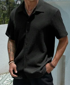 Alternative view of Men's casual shirts, short-sleeved men's shirts, summer clothes, pleated fabrics, light and breathable, suitable for queuing for
