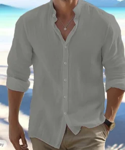 Alternative view of Cotton Linen Hot Sale Men's Long-Sleeved Shirts Summer Solid Color Stand-Up Collar Casual Beach Style Plus Size