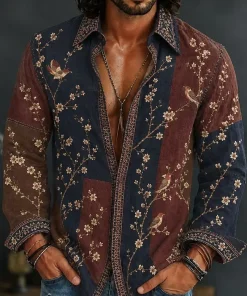 New yellow green contrasting flower and peace symbol printed shirt, retro bohemian style men's long sleeved shirt - Image 5