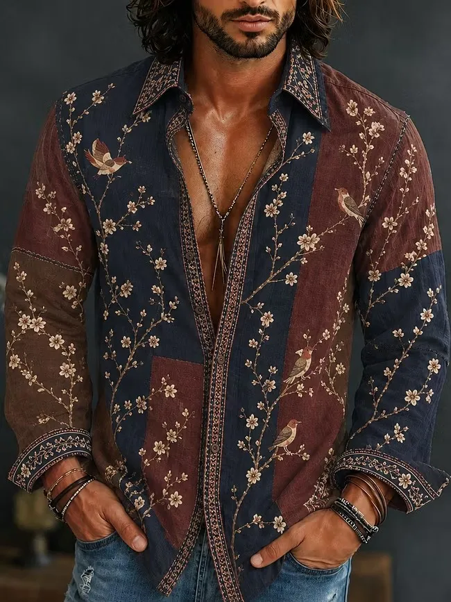 New yellow green contrasting flower and peace symbol printed shirt, retro bohemian style men's long sleeved shirt - Image 5