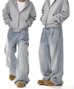 New Korean Retro Men'S Jeans High Street Straight Leg Pants Loose Casual Jeans Fashion Wide Leg Pants