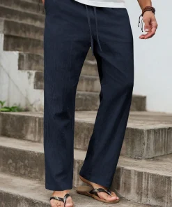 Summer New Linen Straight-Cut Leisure Pants for Men, Breathable Lightweight Beach-Style Cotton-Linen Long Pants - Image 4