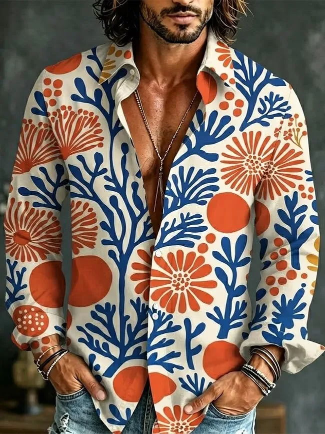 New yellow green contrasting flower and peace symbol printed shirt, retro bohemian style men's long sleeved shirt - Image 4