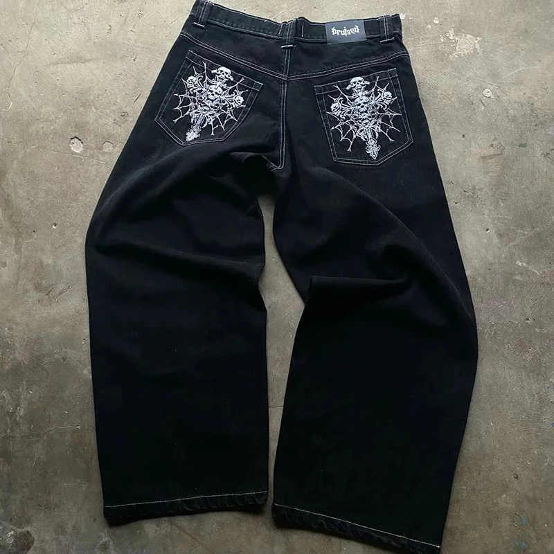New Y2K Streetwear Jeans American Street Clothes Mens Womens Harajuku Skull Straight Wide-leg Pants Hip-hop Casual Hoodie Top - Image 2