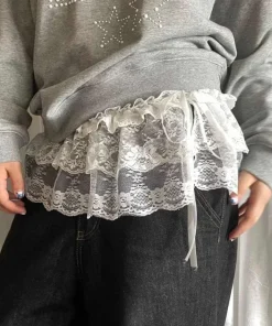 Korean Fashion Lace Irregular Skirt Curtain White Flowers Lace Mesh Halfbody Skirt Women Summer Bottoms Jeans Decorative Hemline - Image 3