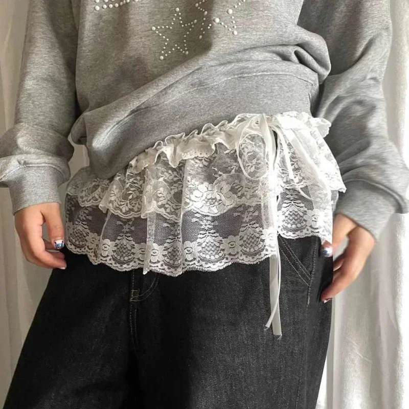 Korean Fashion Lace Irregular Skirt Curtain White Flowers Lace Mesh Halfbody Skirt Women Summer Bottoms Jeans Decorative Hemline - Image 3
