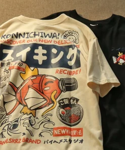 Japanese Streetwear T-shirt Men Koi Fish Soy Sauce Print Casual Women Short Sleeve Tee Summer 2025 Anime Fashion ​​Y2k Clothes