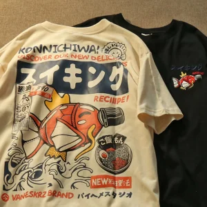 Japanese Streetwear T-shirt Men Koi Fish Soy Sauce Print Casual Women Short Sleeve Tee Summer 2025 Anime Fashion ​​Y2k Clothes