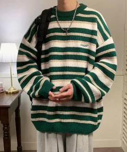Korean Style Retro Striped Sweater Men Women Loose Fit Knit Pullover Casual Vintage Crew Neck Warm Autumn Winter Top - Image 3