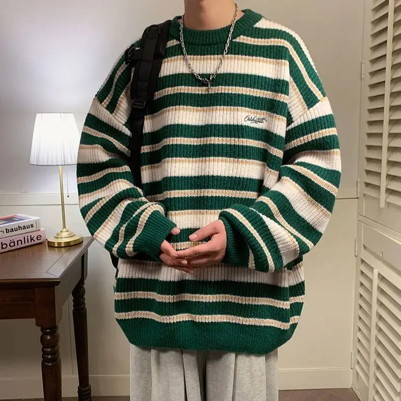 Korean Style Retro Striped Sweater Men Women Loose Fit Knit Pullover Casual Vintage Crew Neck Warm Autumn Winter Top - Image 3