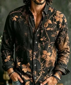 New yellow green contrasting flower and peace symbol printed shirt, retro bohemian style men's long sleeved shirt