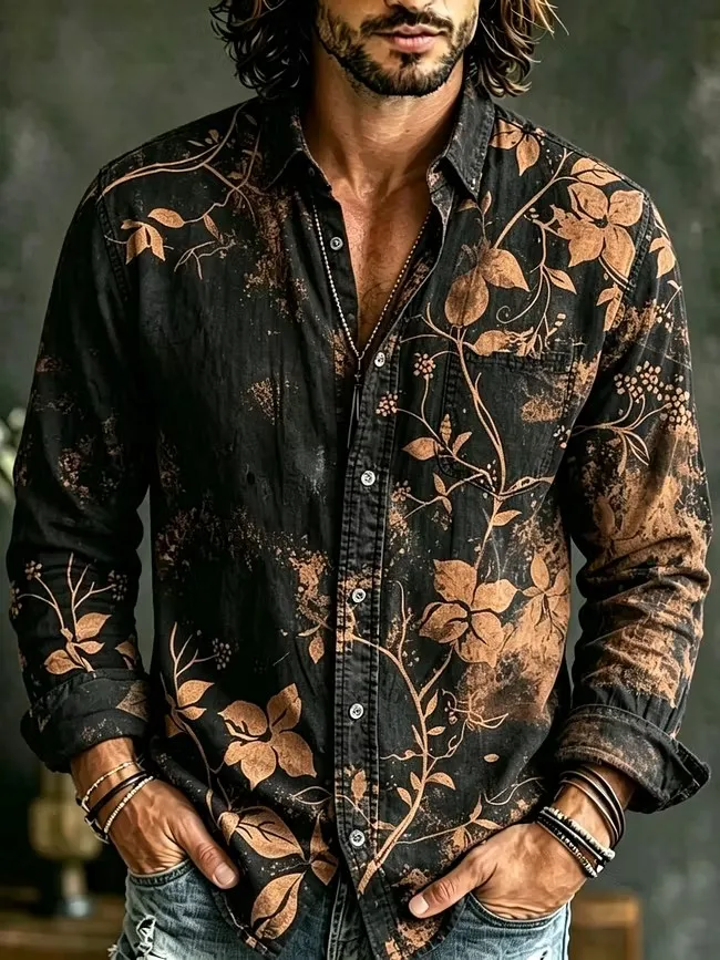 New yellow green contrasting flower and peace symbol printed shirt, retro bohemian style men's long sleeved shirt