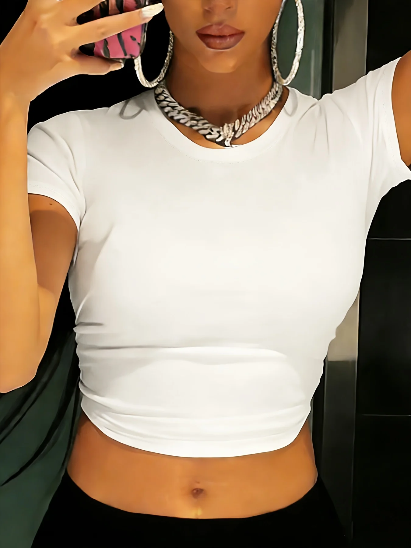 Solid Color Round Neck Short Sleeved T-Shirt Comfortable Elasticity Exposed Navel All Season Women'S Clothing Aesthetic Clothes