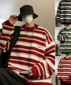 Korean Style Retro Striped Sweater Men Women Loose Fit Knit Pullover Casual Vintage Crew Neck Warm Autumn Winter Top